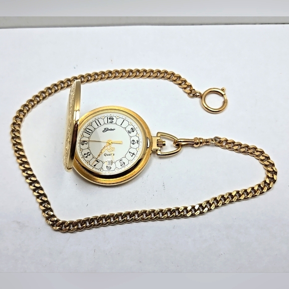 Belair Gold Tone Hunter Pocket Watch Quartz Swiss Date Chain New Battery Working - Picture 1 of 8